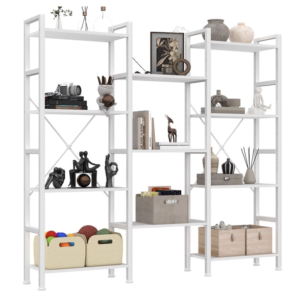 CONCETTA Triple 4-Tier Bookshelf with 11 Open Display Shelves, Adjustable Storage Bookcase for Home & Office, Sturdy Steel Frame and Wood Construction, Anti-Tip and Adjustable Feet, White