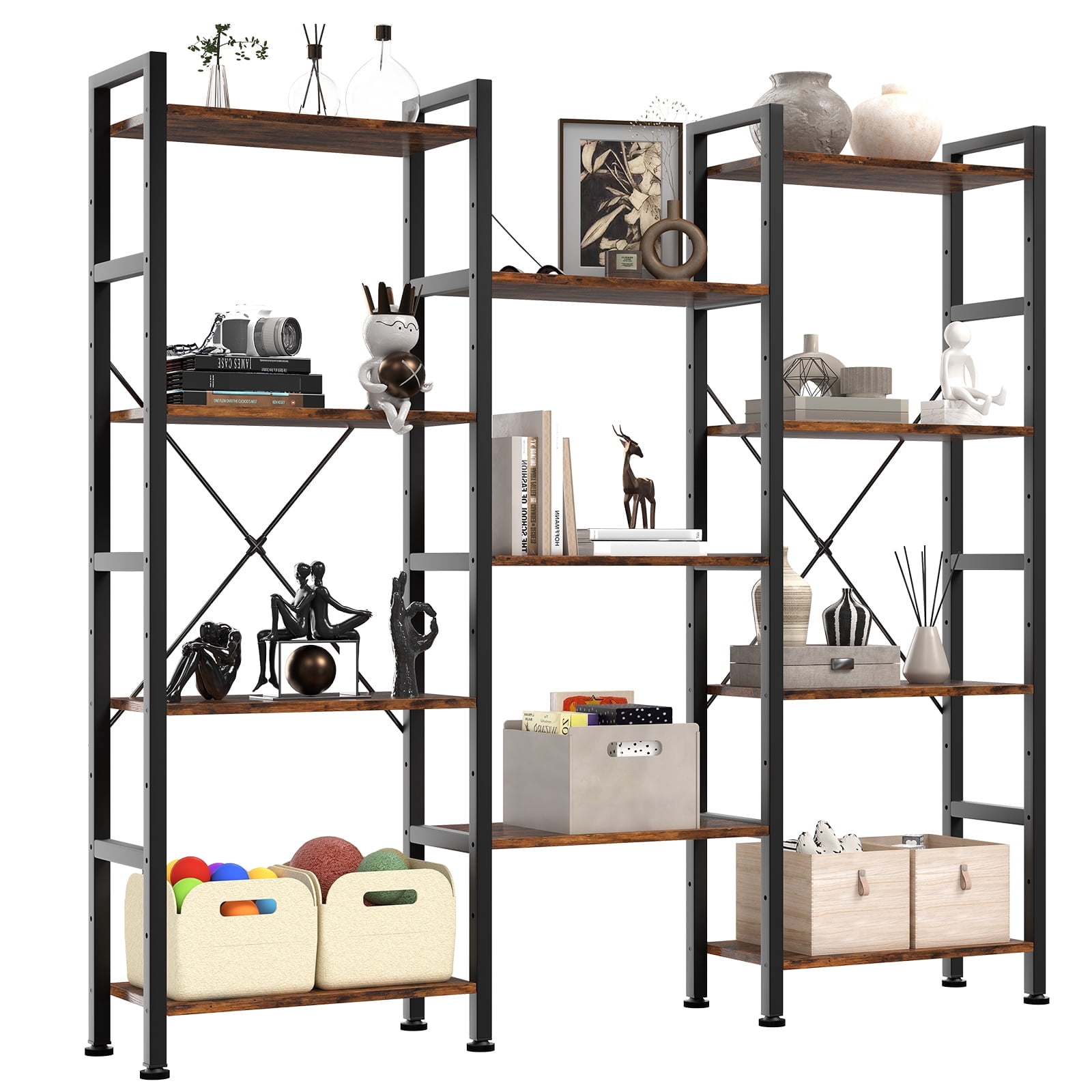 CONCETTA Triple 4-Tier Bookshelf with 11 Open Display Shelves, Adjustable Storage Bookcase for Home & Office, Sturdy Steel Frame and Wood Construction, Anti-Tip and Adjustable Feet, Rust Brown