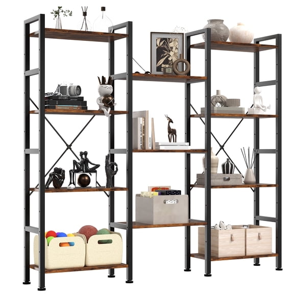CONCETTA Triple 4-Tier Bookshelf with 11 Open Display Shelves, Adjustable Storage Bookcase for Home & Office, Sturdy Steel Frame and Wood Construction, Anti-Tip and Adjustable Feet, Rust Brown