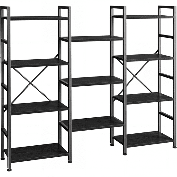 CONCETTA Triple 4-Tier Bookshelf with 11 Open Display Shelves, Adjustable Storage Bookcase for Home & Office, Sturdy Steel Frame and Wood Construction, Anti-Tip and Adjustable Feet, Black