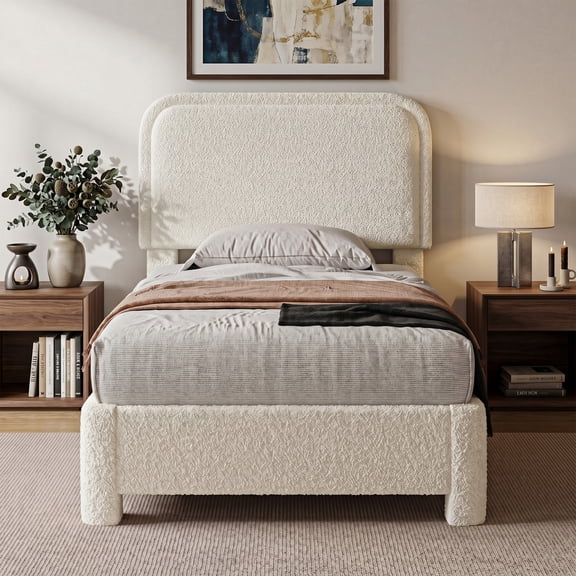 CONCETTA Twin Bed Frame with Boucle Upholstery, Modern Platform Bed with Headboard, Soft Rounded Corners, No Box Spring Needed, Easy Assembly, White