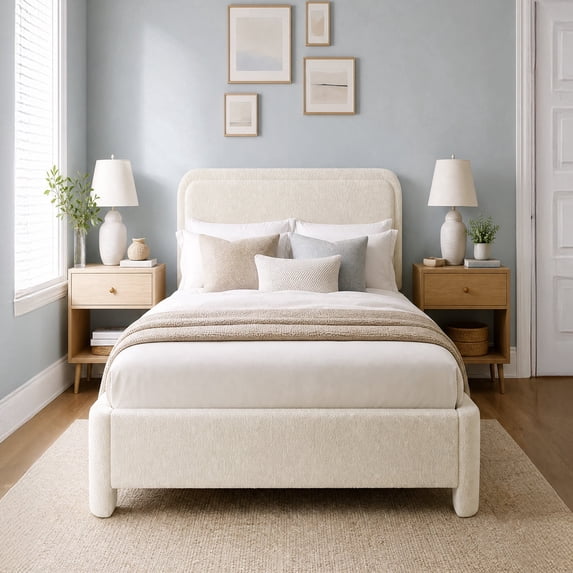 CONCETTA Twin Bed Frame with Boucle Upholstery, Modern Platform Bed with Headboard, Soft Rounded Corners, No Box Spring Needed, Easy Assembly, White