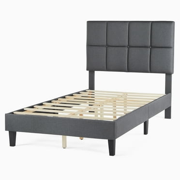 CONCETTA Twin Size Bed Frame, 800LBS Wooden Slats Support, Fabric Upholstered Platform Bed with Adjustable Headboard and No Box Spring Needed, Dark Grey