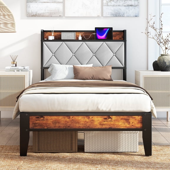 CONCETTA Twin Bed Frame, &nbsp;Heavy Duty Metal, Storage Headboard with Charging Station, Noise Free, No Spring Box Required, 800lbs Capacity