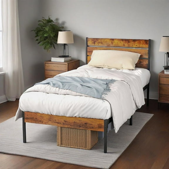 CONCETTA Twin Size Metal Platform Bed Frame, Headboard and Footboard, No Box Spring Needed Sturdy Wooden Slats Support, Rust