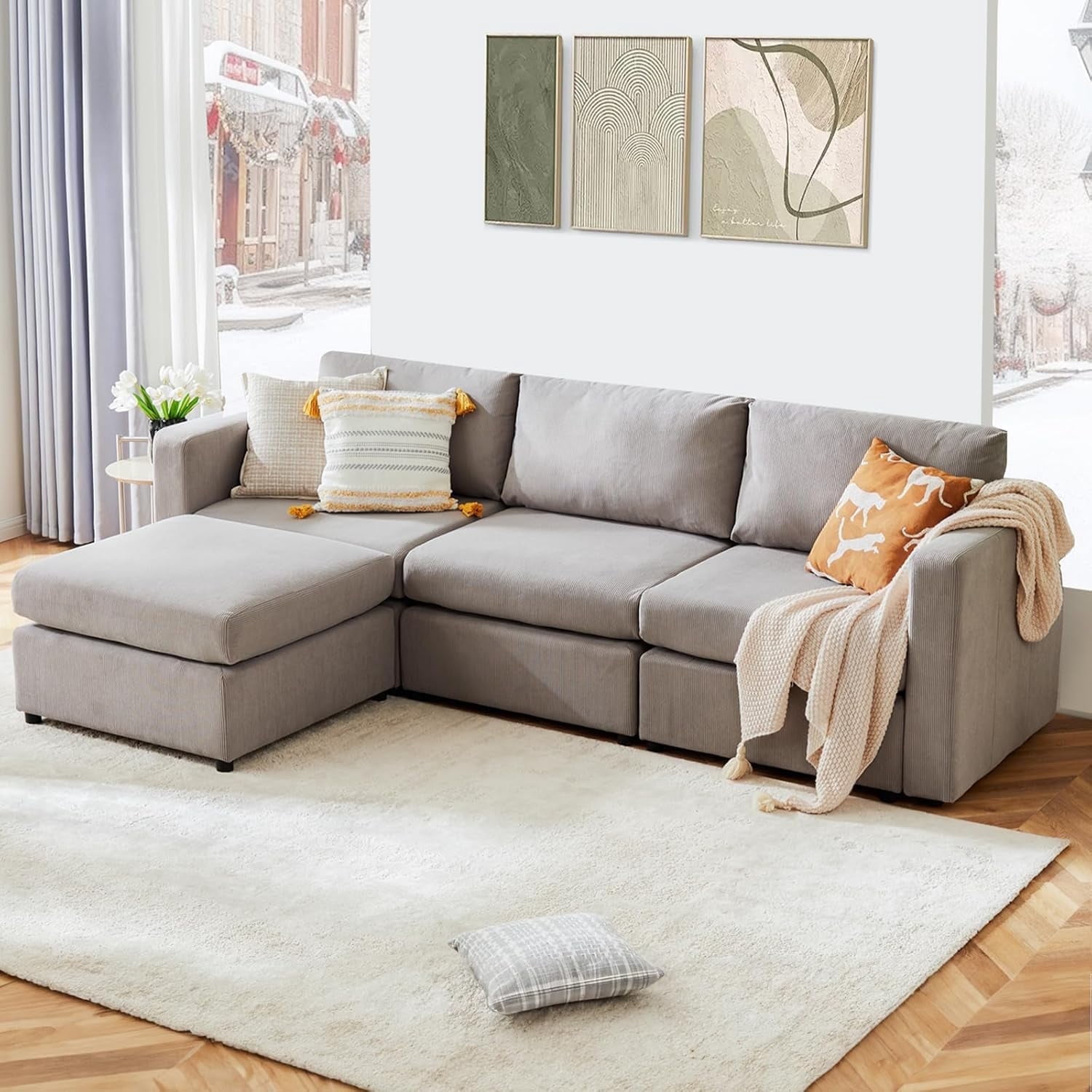 CONCETTA U Shaped Sectional Sofa Couches with Double Chaise 4-Seat Set, Chenille Fabric Cushion for Living Room Home Furniture, Beige