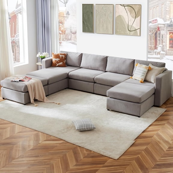 CONCETTA U-Shaped Convertible Sectional Couches 7 Seat 6 Back, Modern Modular Sofa Sleeper with Double Chaise, for Living RoomHome, Apartment, Dorm, Grey
