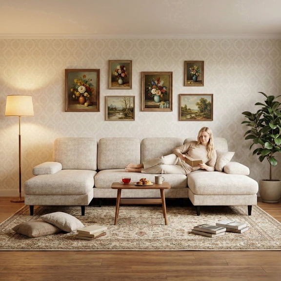 CONCETTA U Shaped Sectional Sofa Couches with Double Chaise 4-Seat Set, Chenille Fabric Cushion for Living Room Home Furniture, Beige