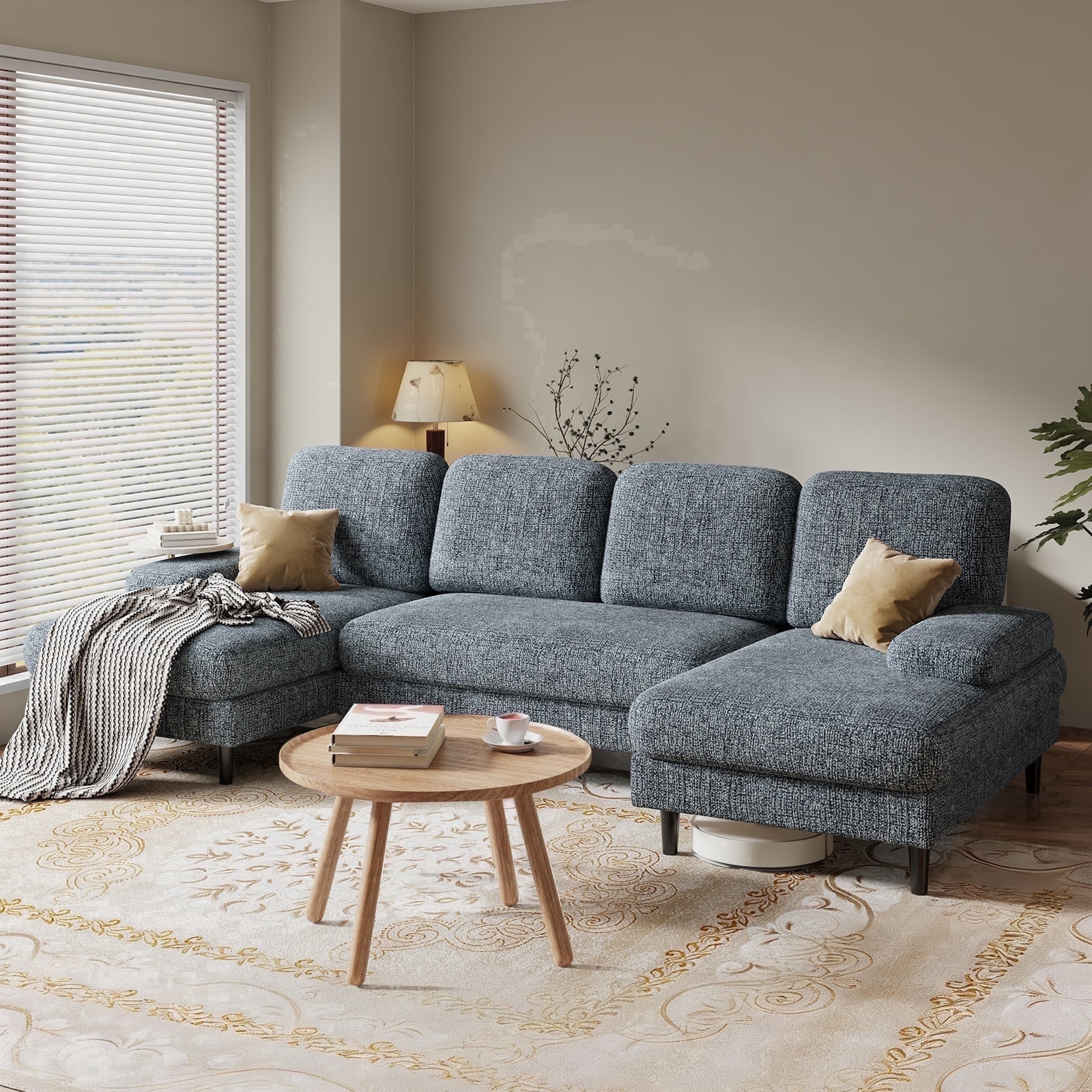 CONCETTA U Shaped Sectional Sofa Couches with Double Chaise 4-Seat Set, Chenille Fabric Cushion for Living Room Home Furniture, Dark Grey