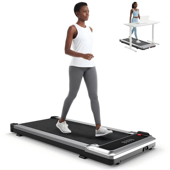 SHOUFTW Under Desk Treadmill with Handle, Portable Quiet Walking Pad with LED Display & Remote, Space-Saving for Home/Office (Silver)