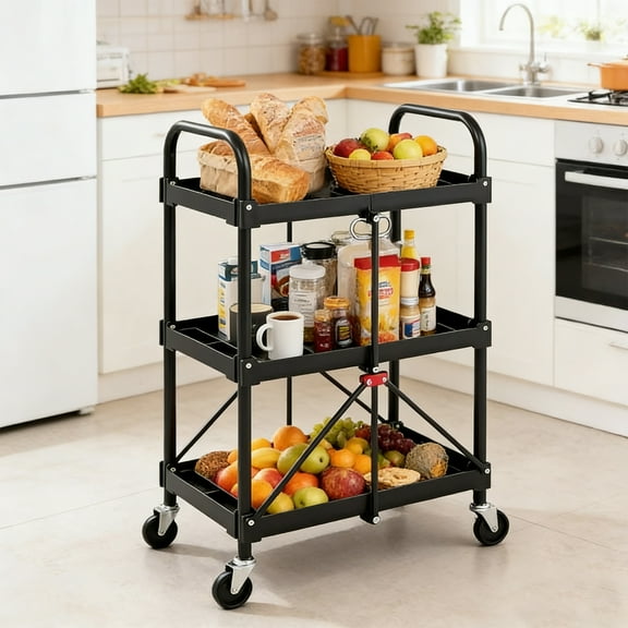 CONCETTA 3-Tier Portable Multifunctional Cart With Wheels, Supports Up To 120 Lbs, Heavy-Duty Foldable Cart, Suitable For Home, Office, Kitchen, And Storage, Black