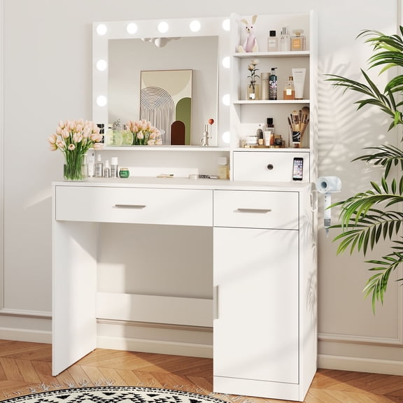 CONCETTA 1 Piece Adult Modern Vanity Desk with Mirror, Power Outlet and Lights, Makeup Table with Drawers, White