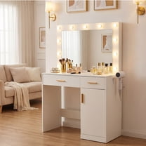 CONCETTA Vanity Desk with Mirror and Lights, Makeup Vanity Table with Hair Dryer & Power Outlet, 2-Drawer Dressing Table for Bedroom,White