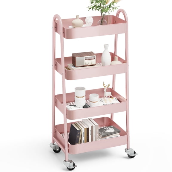 CONCETTA Versatile 4-Tier Metal Utility Cart with Locking Casters, Multi-Scenario Use for Office, Living Room, Kitchen, Pink