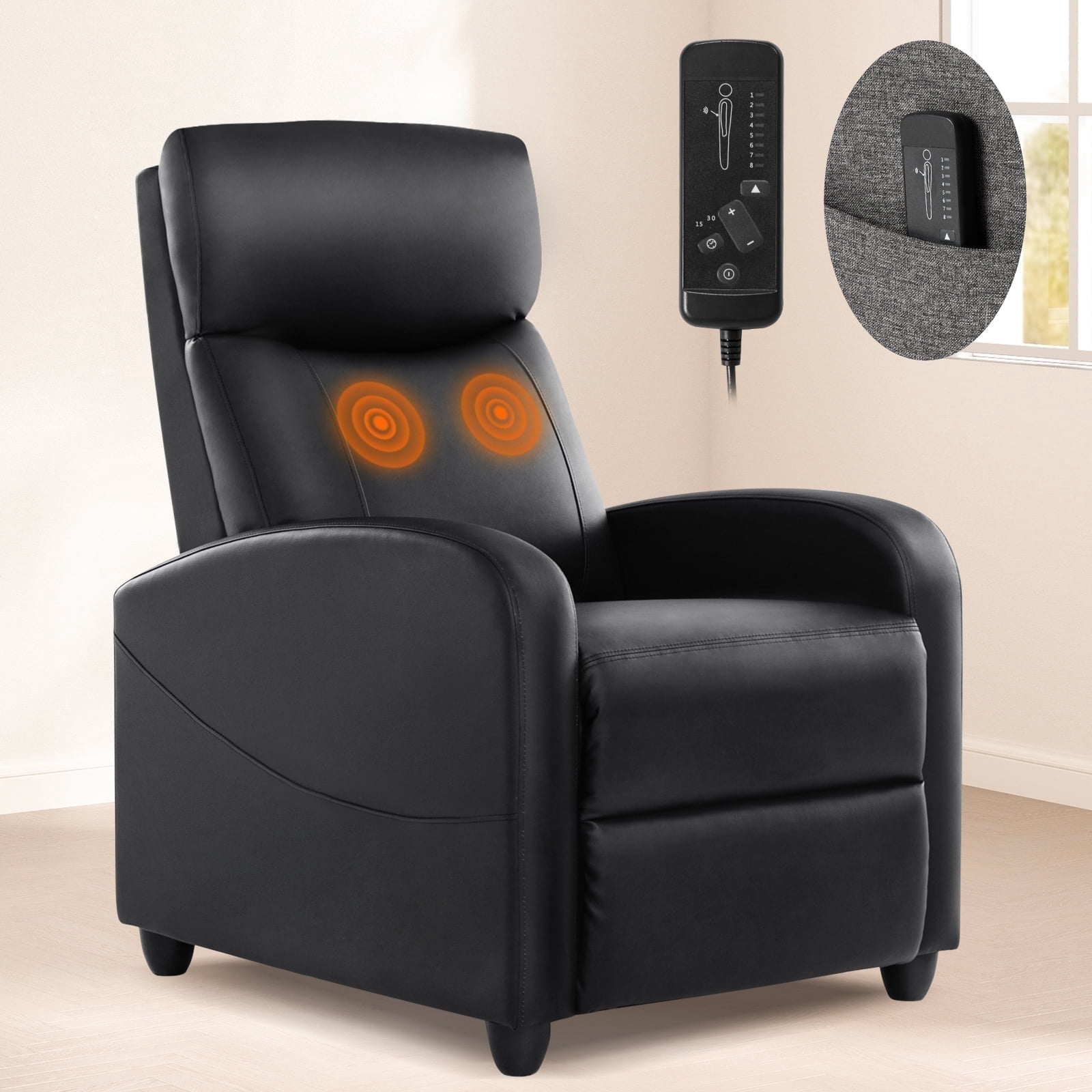 CONCETTA Vibration Massage Recliner Chair for Living Room, Home Theater, Small Sofa with 160-Degree Reclining Angle, 275lb Capacity, Black
