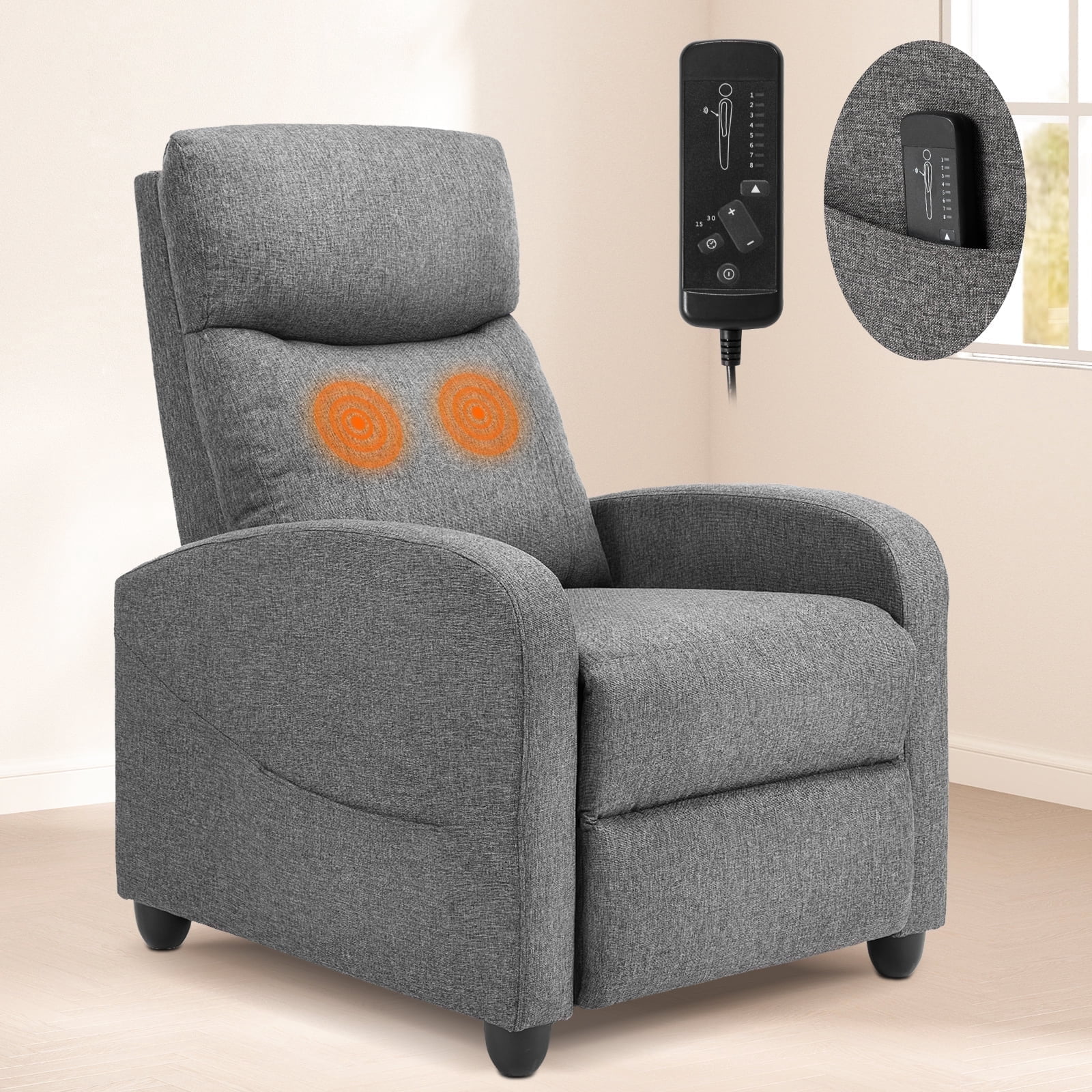 CONCETTA Massage Recliner Chair with Vibration, Small Sofa for Living Room & Home Theater, 160° Recline, 275lb Capacity, Gray
