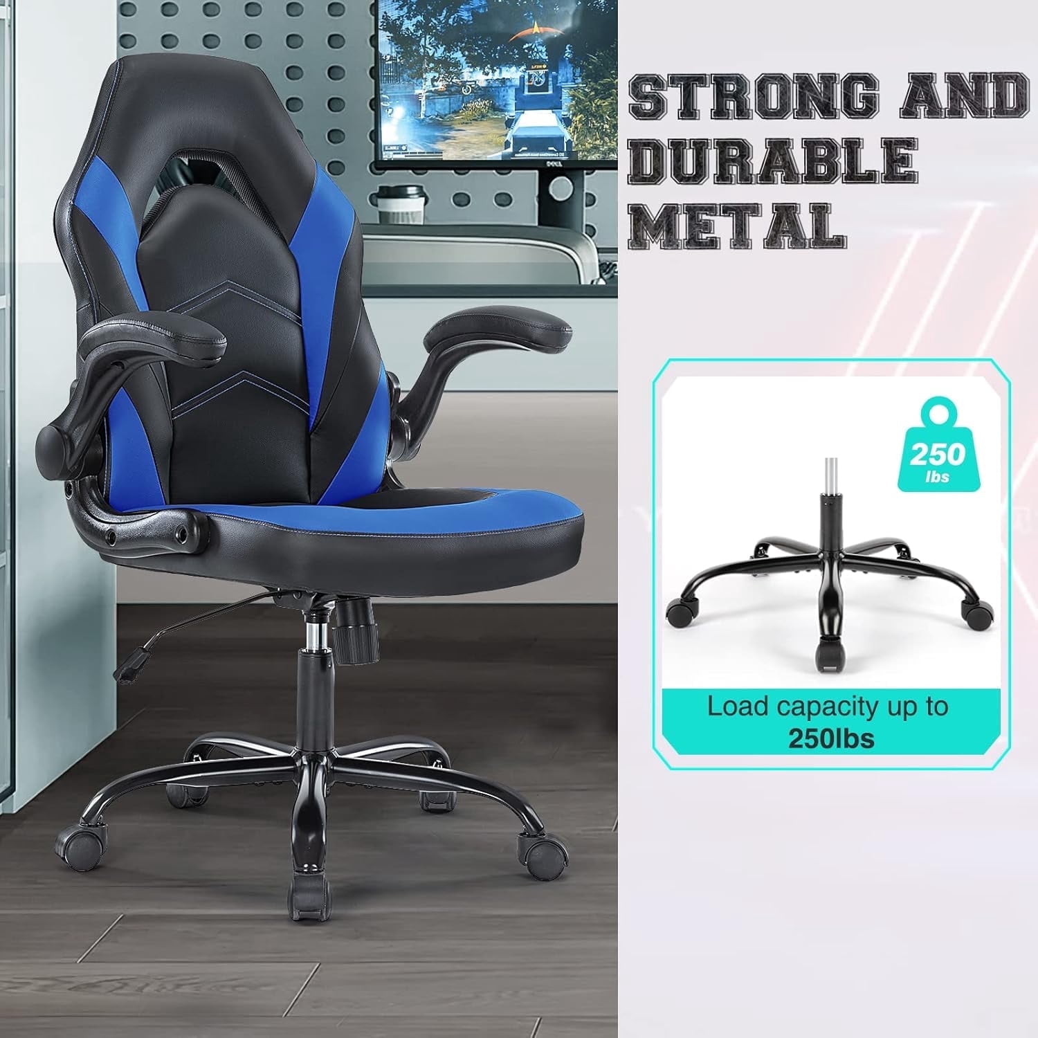 CONCETTA Ergonomic Gaming Desk Chair, PU Leather Adjustable Office Chair for Home or Study, Blue