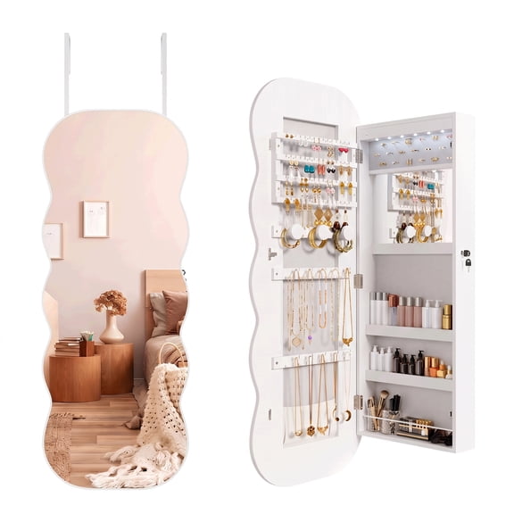 CONCETTA Mirror Jewelry Cabinet, Wavy Full-Length with 6 LED Lights, Lockable Wall or Door Mounted Jewelry Armoire Organizer, White