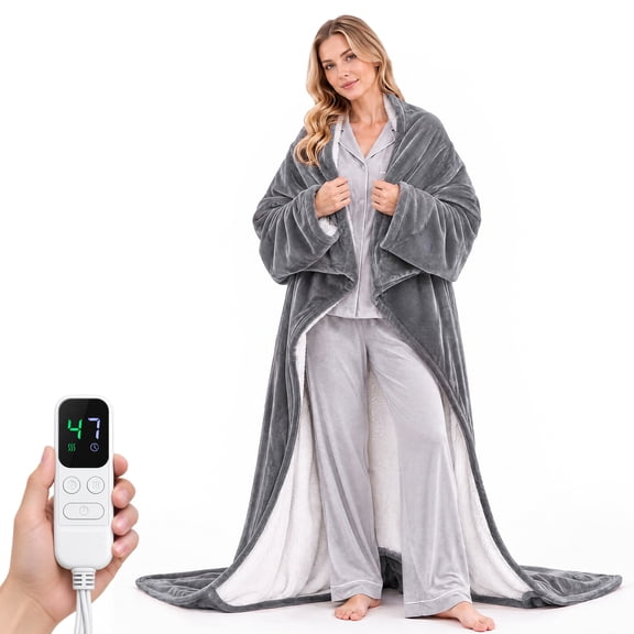 CONCETTA Wearable Heated Blanket 70"x50", Electric Throw with Sleeves & Foot Pockets,10 Heat Settings,1‑9H Auto‑Off Timer, Machine Washable for Couch Bed, Gray
