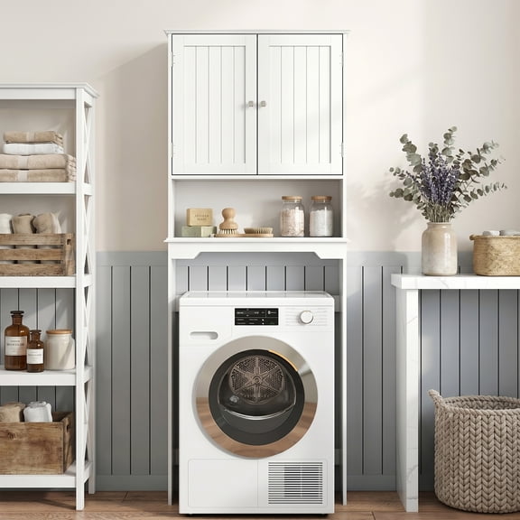 CONCETTA White Over The Toilet Cabinet for Bathroom, Space Saver Storage with Quiet Magnetic Doors & Adjustable Bottom Stabilizer
