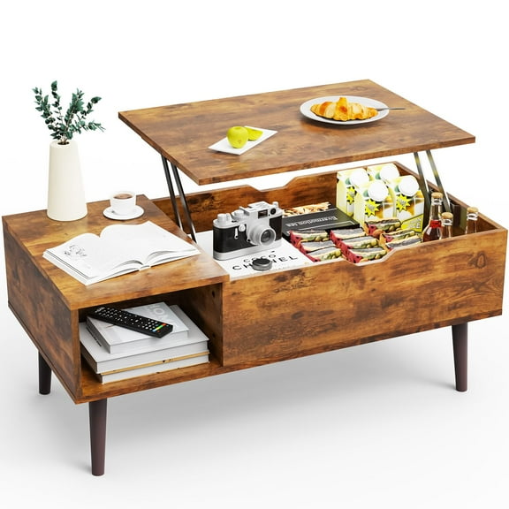 CONCETTA Wood Lift Top Coffee Table, Rising Center Tables, With Large Hidden Compartment and Storage Shelf, For Home Living Room Office, Aged Wood