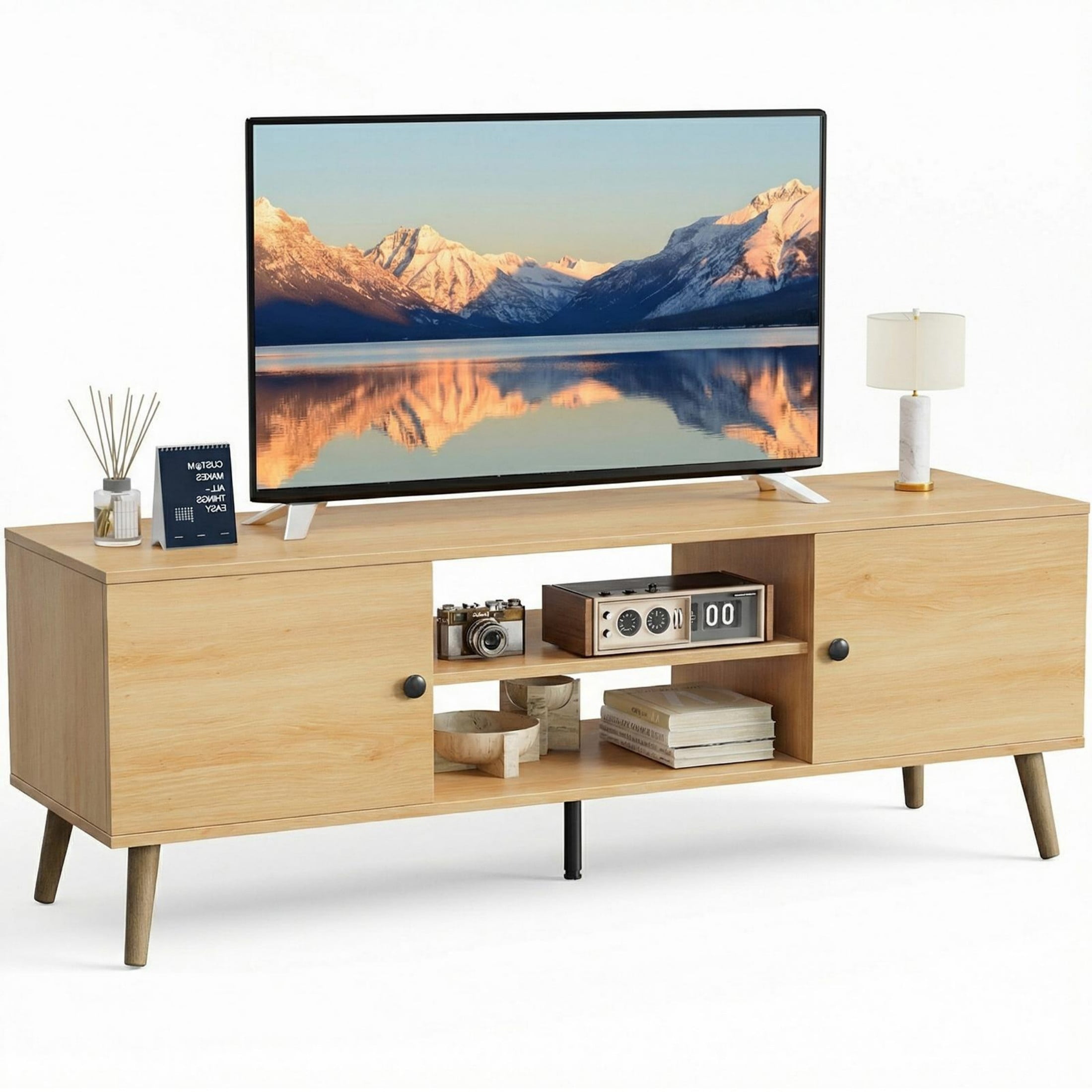 CONCETTA Wood TV Stand with 2 Storage Cabinets, Modern Entertainment Center for TVs up to 60 inches, Media Console with Adjustable Shelves and Cable Management, Wooden Color