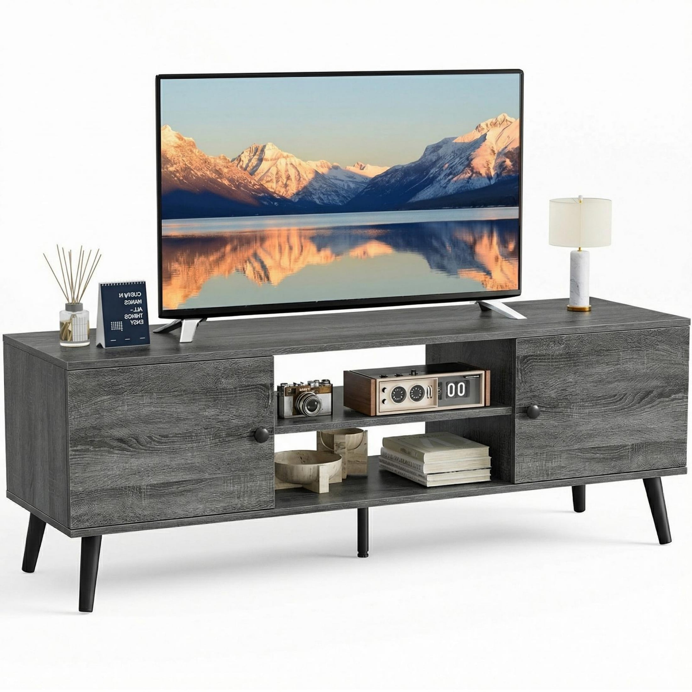 CONCETTA Wood TV Stand with 2 Storage Cabinets, Modern Entertainment Center for TVs up to 60 inches, Media Console with Adjustable Shelves and Cable Management, Wooden Gray