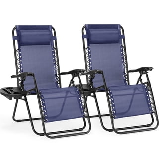 CONCETTA 2PCS Zero Gravity Patio Recliner, Textilene Folding Lounge with Adjustable Pillow & Cup Tray, Blue