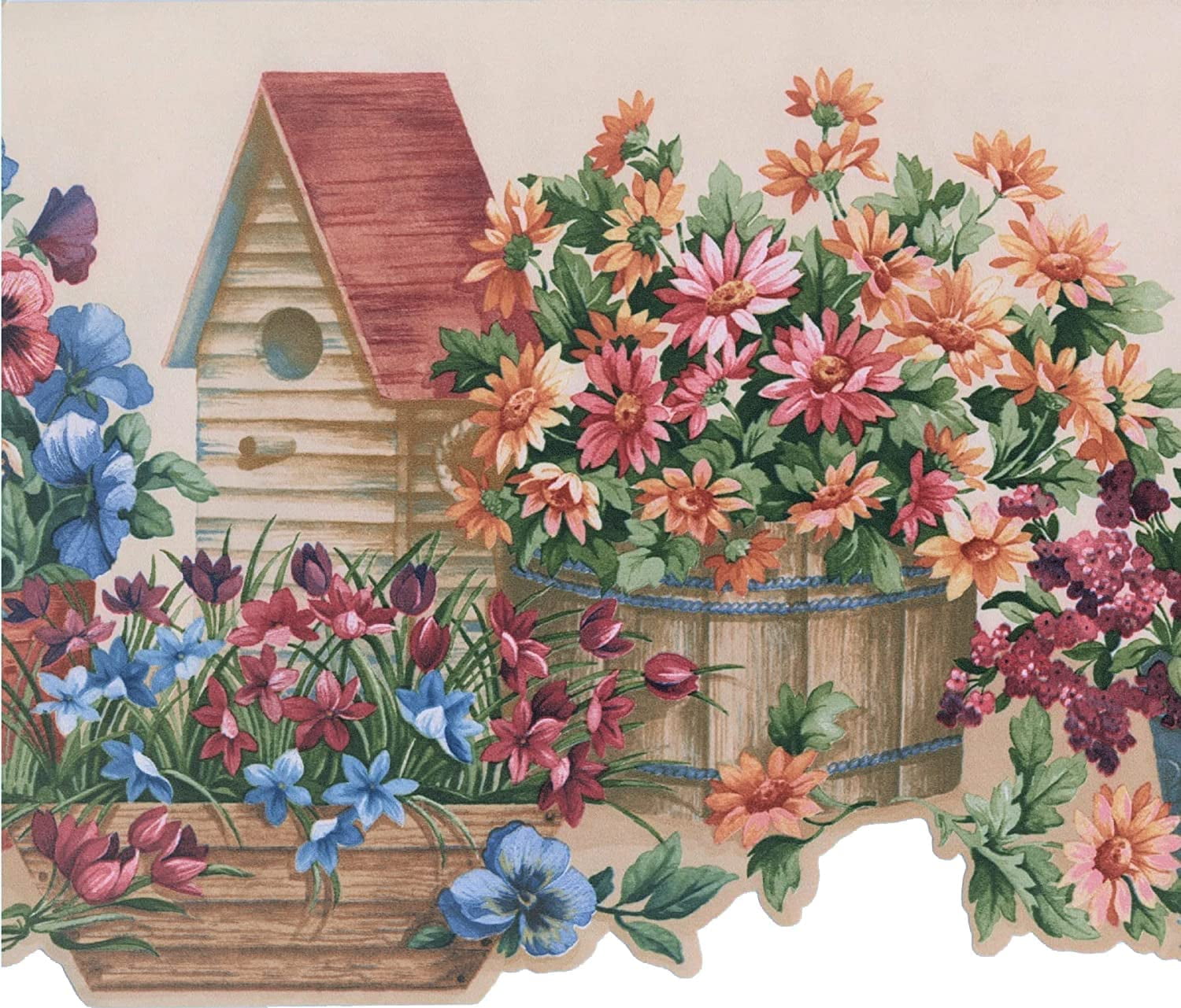 CONCORD WALLCOVERINGS  Wallpaper Border Garden Pattern Flowers in Baskets Birds Houses for Cottage Farm House, Pastel Red Orange Blue Green Brown, 10 Inches by 15 Feet 5806781