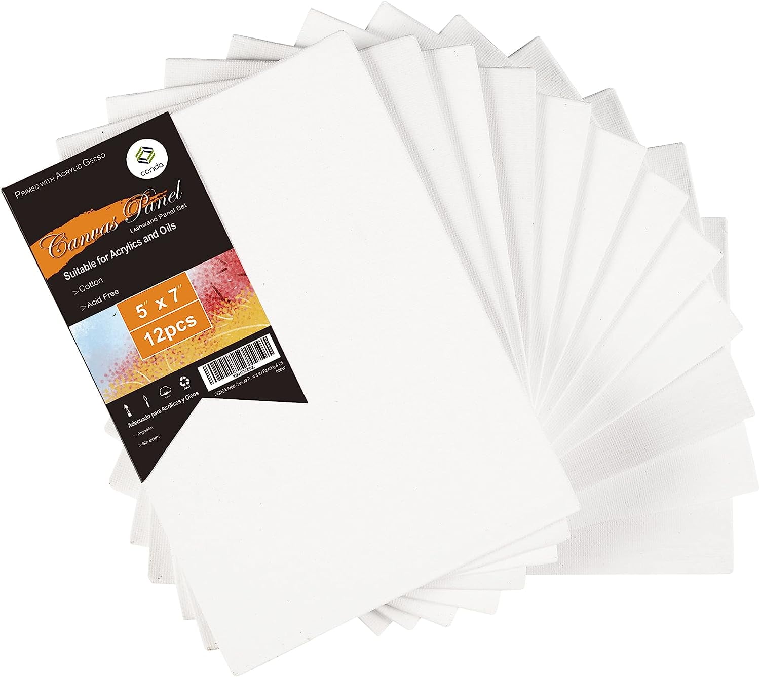 CONDA Artist Canvas Panels 5 x 7 inch, 12 Pack, Primed, 100 Cotton