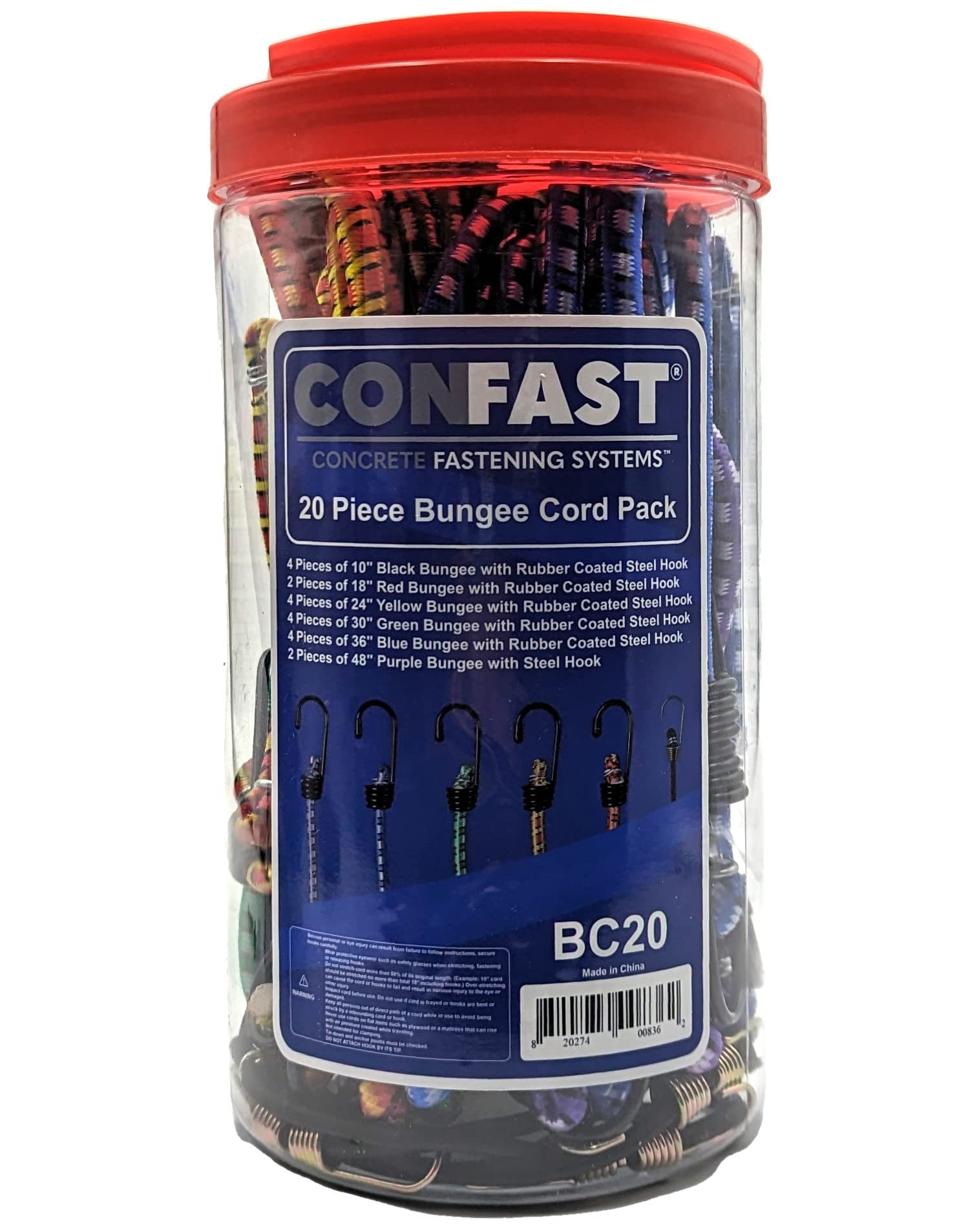 CONFAST 20 Piece Heavy Duty Bungee Cords with Hooks Variety Pack with Lengths 10", 18", 24", 30", 36", and 48"