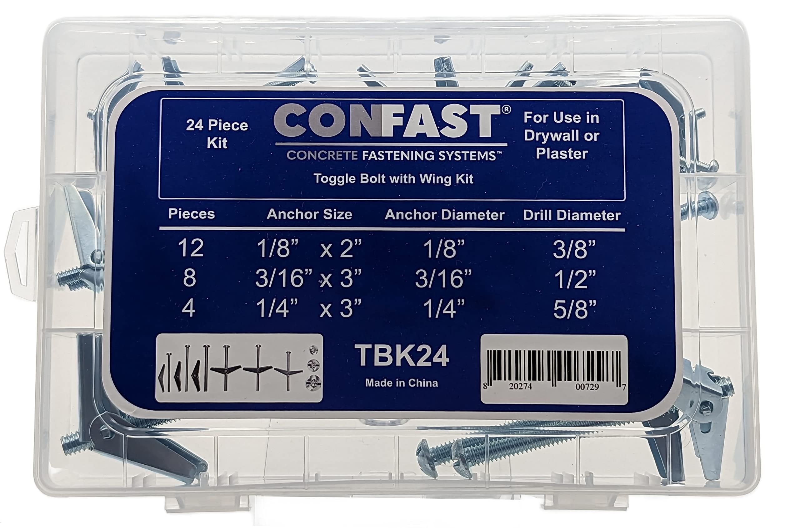 CONFAST Heavy Duty Hollow Wall Anchors for Drywall, 24 Pc Toggle Bolts and Wing Nut Kit Metal Drywall Anchors and Screws Assortment Set, 3 Size Butterfly Anchors 1/8", 3/16" and 1/4"