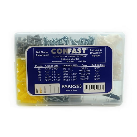 CONFAST Plastic Ribbed Wall Anchor Kit with Pan Head Self Tapping Screws and Required Drill bits for Drywall, Gypsum and Plaster, 263 pcs
