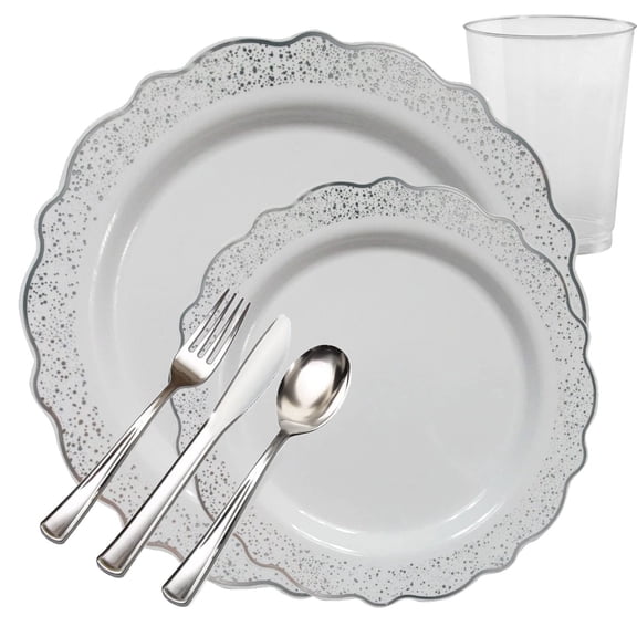 CONFETTI COLLECTIONS PLASTIC WHITE SILVER TABLEWARE PACKAGE (100 Serving)
