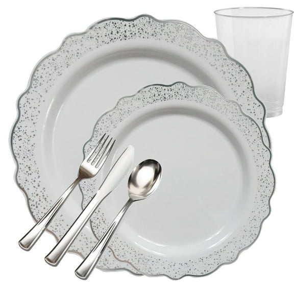 CONFETTI COLLECTIONS PLASTIC WHITE SILVER TABLEWARE PACKAGE (40 Serving)