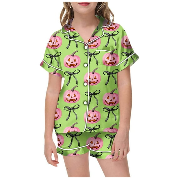 CONFREE Baby Girl Halloween Pajama Short Sleeve Cute Pumpkin Print Pajamas Shorts 2Pcs Hallowmas Pjs Set Fall Sleepwear Set