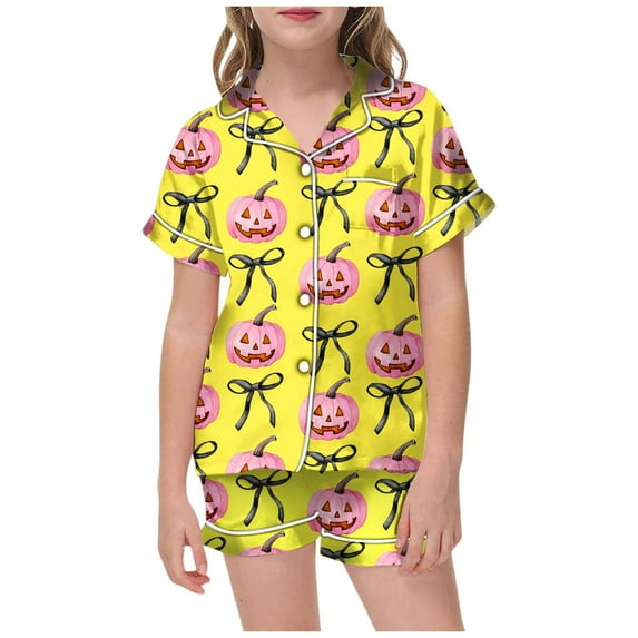 CONFREE Baby Girl Halloween Pajama Short Sleeve Cute Pumpkin Print Pajamas Shorts 2Pcs Hallowmas Pjs Set Fall Sleepwear Set