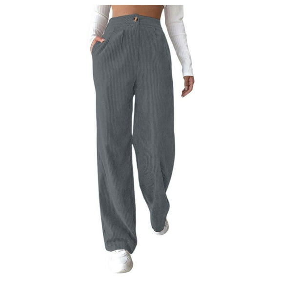 CONFREE Casual Pants for Women Wide Leg Corduroy Pants for Women Buttons Solid Color Lightweight Fall Trousers With Pocket