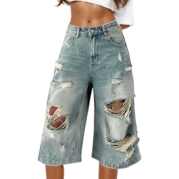 CONFREE Casual Shorts for Women Wide Leg Denim Shorts for Women Buttons Solid Color Lightweight Ripped Short Jeans With Pocket