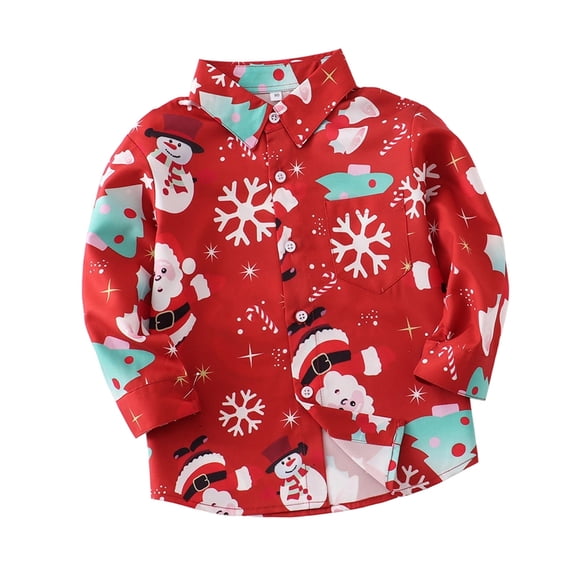 CONFREE Christmas Boys Long Sleeve Shirts Lapel Xmas Graphic Soft Fall Winter Buttons Up Shirt for Kids