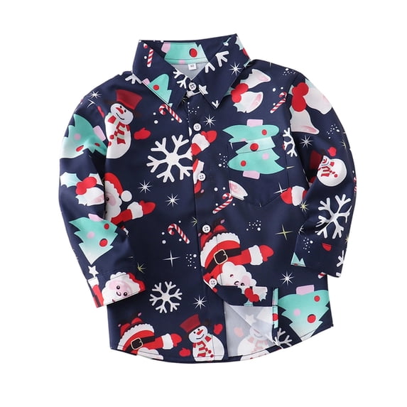 CONFREE Christmas Boys Long Sleeve Shirts Lapel Xmas Graphic Soft Fall Winter Buttons Up Shirt for Kids