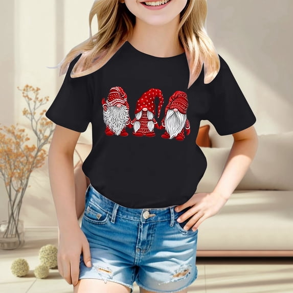 CONFREE Christmas Girls Short Sleeve Tshirts Crew Neck Graphic Casual Xmas T-Shirt for Kids