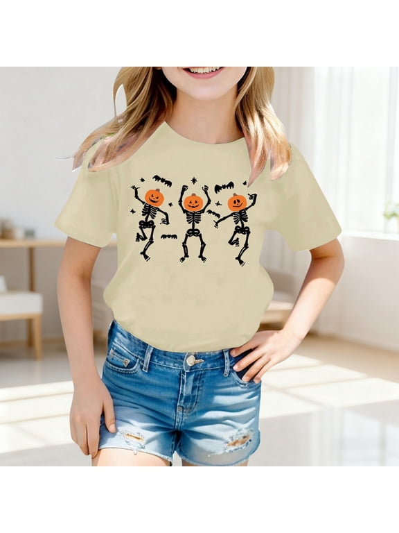 Girls Halloween Short Sleeve Tshirts Crew Neck Cute Skeleton Graphic Casual Hallowmas T-Shirt for Kids