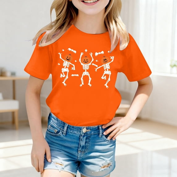 CONFREE Girls Halloween Short Sleeve Tshirts Crew Neck Cute Skeleton Graphic Casual Hallowmas T-Shirt for Kids