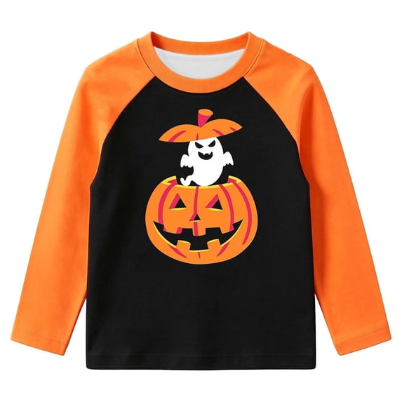CONFREE Halloween Boys Long Sleeve Tshirts Crew Neck Cute Ghost Pumpkin Graphic Soft Hallowmas T-Shirts for Kids