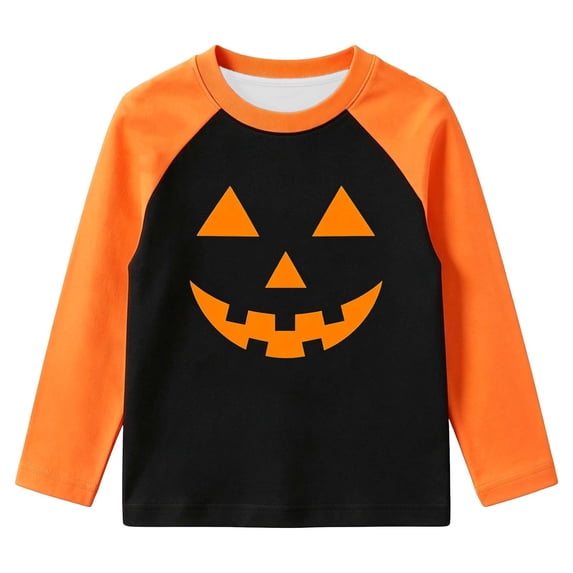 CONFREE Halloween Boys Long Sleeve Tshirts Crew Neck Pumpkin Face Graphic Soft Hallowmas T-Shirts for Kids