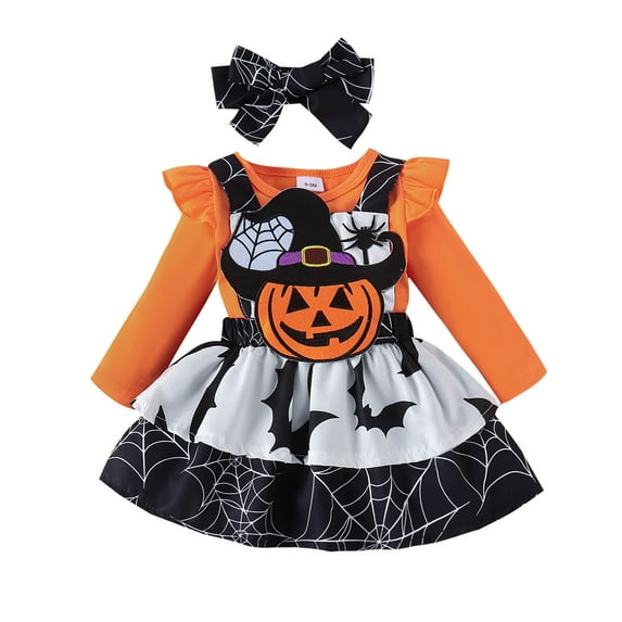 CONFREE Halloween Clothes Set for Toddler Girl Long Sleeve Cute Pumpkin Ghost Embroidered Tops Suspender Skirt With Hairband 3Pcs Hallowmas Outfit Set Fall Clothing Set