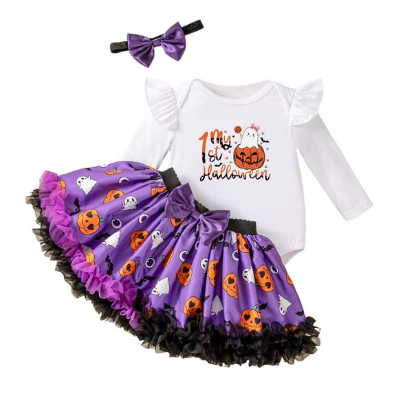 CONFREE Halloween Clothes Set for Toddler Girl Long Sleeve Cute Pumpkin Print Bodysuit Mesh Tulle Skirt With Hairband 3Pcs Hallowmas Outfit Set Fall Clothing Set