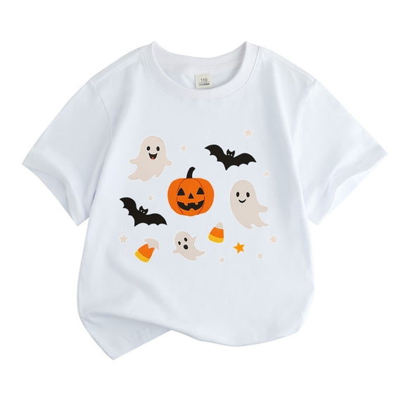 CONFREE Halloween Girls Short Sleeve Tshirts Crew Neck Cute Ghost Pumpkin Graphic Soft Hallowmas T-Shirts for Kids