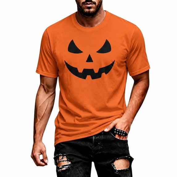 CONFREE Halloween Mens Short Sleeve Tshirts Crew Neck Hallowmas Pumpkin Face Graphic Lightweight T-Shirts